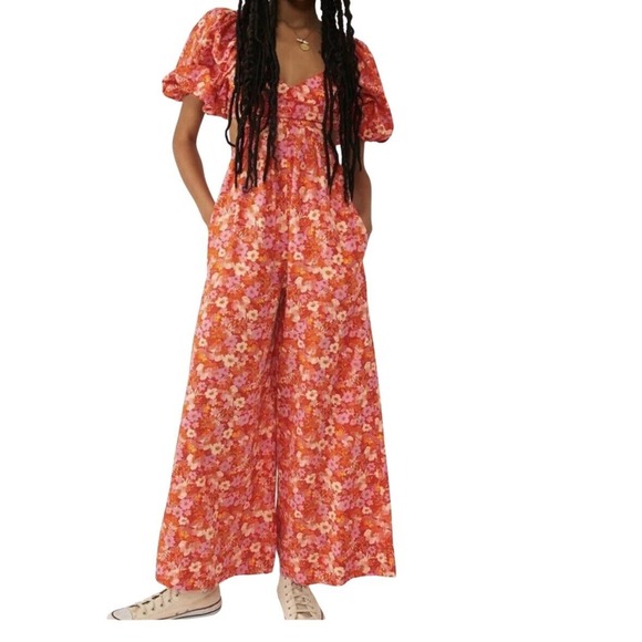 NWT Free People Floral Jumpsuit Amy Jumpsuit S Wide Leg Puff Sleeves Boho Gypsy - Picture 5 of 11